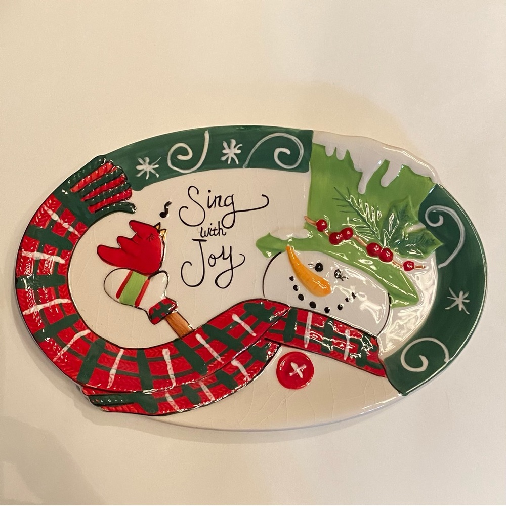 Vintage Fitz and Floyd Snowman plate, small, Christmas decoration with Cardinal - Picture 2 of 6